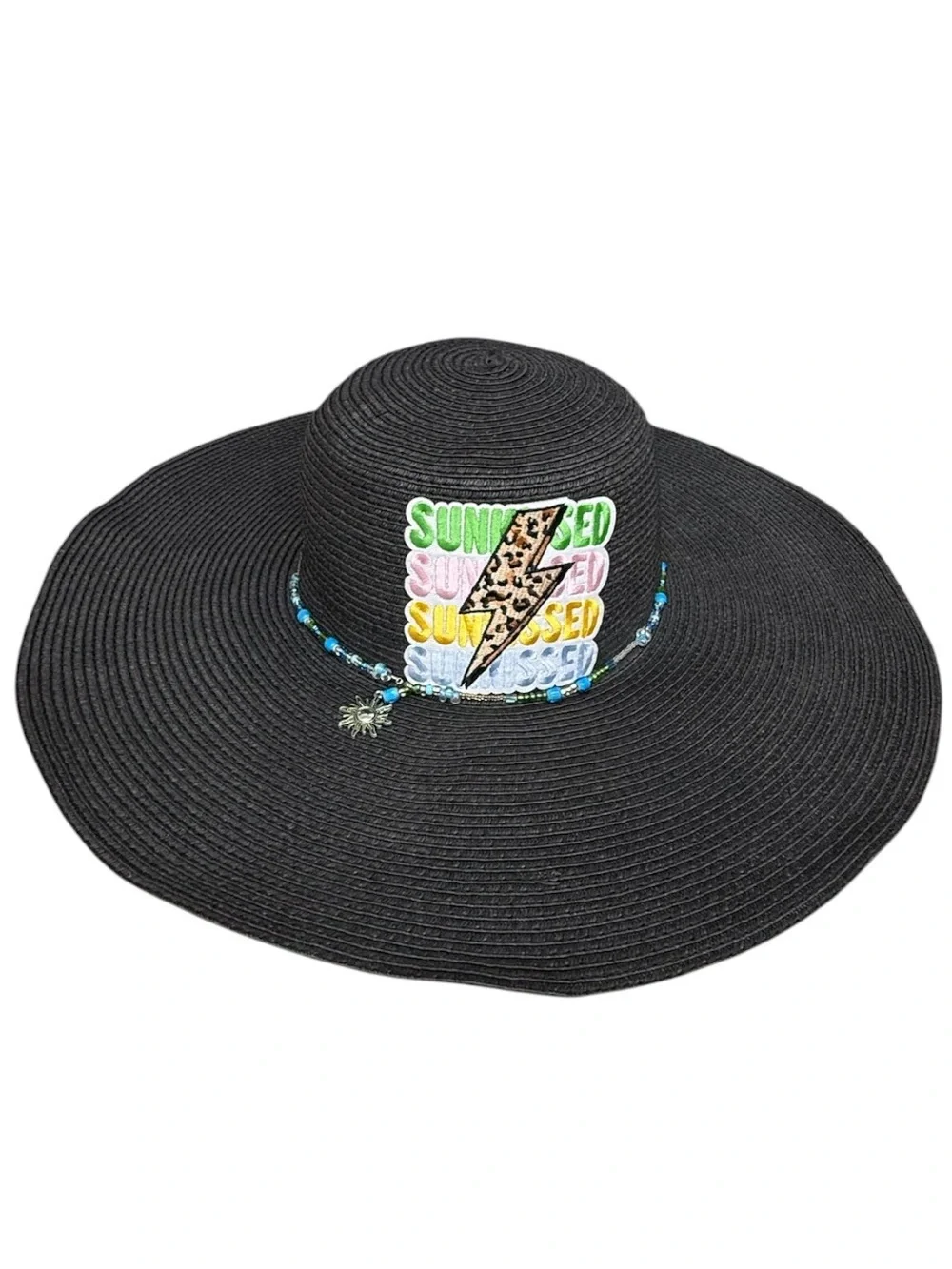 Boho Beachy "Sunkissed" Black Straw Sun Hat with Leopard Lightning Bolt - Picture 3 of 4